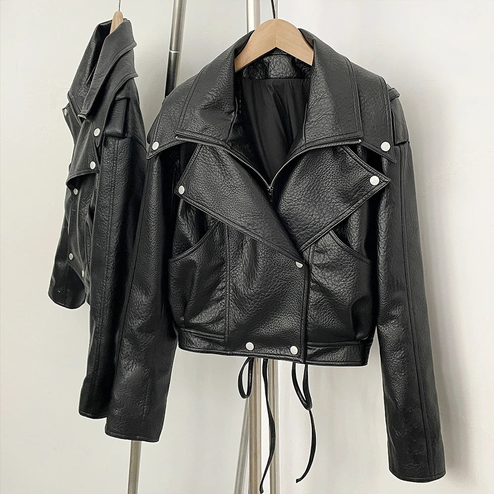 OFTBUY PU Biker Coat Women's Leather Jacket Faux Leather Cropped Moto Jacket Asymmetric Woman Clothing Vintage Punk Outerwear