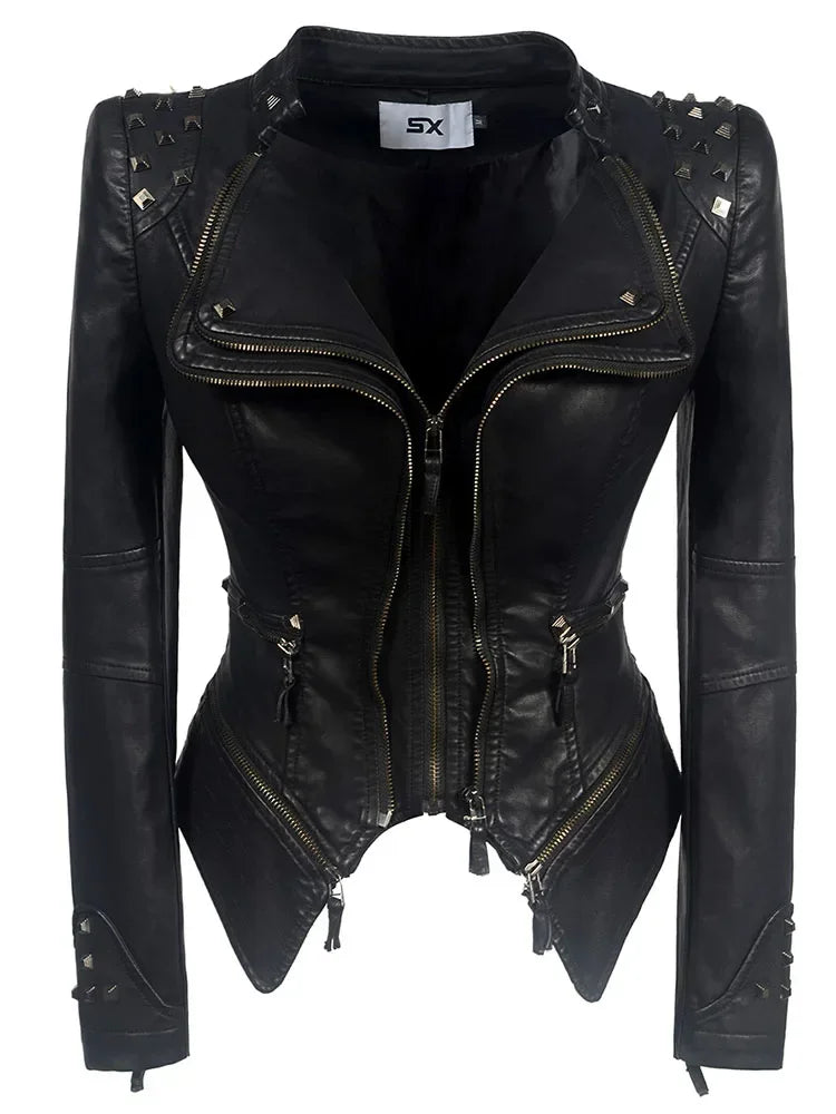 Punk Rivet Short Denim Slim Jackets Women Wash Long Sleeve Vintage Casual Studs Jean Outerwear Motorcycle Denim Coat Large Size