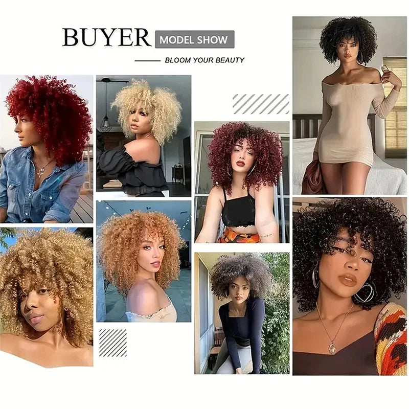 Short Kinky Curly Hair Wig for Black Women 12 Inch Afro High Puffy Curly Wigs With Bangs Synthetic Afro Kinky Curly Wig Cosplay