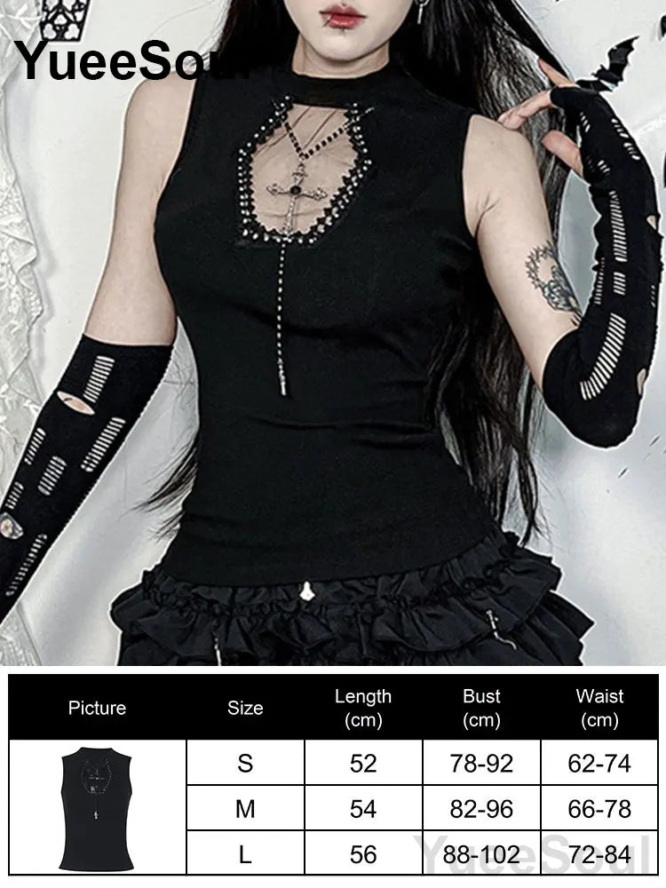 Gothic Crop Tops Black Lace Mesh Tanks Tops 2026 New Y2K Goth Punk Grunge Fairy Core Sexy Y2K Halloween 2000s Women Clothing