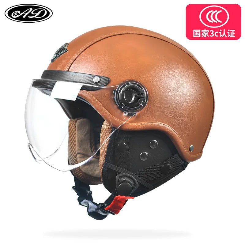 AD Retro Motorcycle Helmets with Harley Visor Leather Helmet for Man Electric Motorbike Vintage Protected Motor Safety Cap