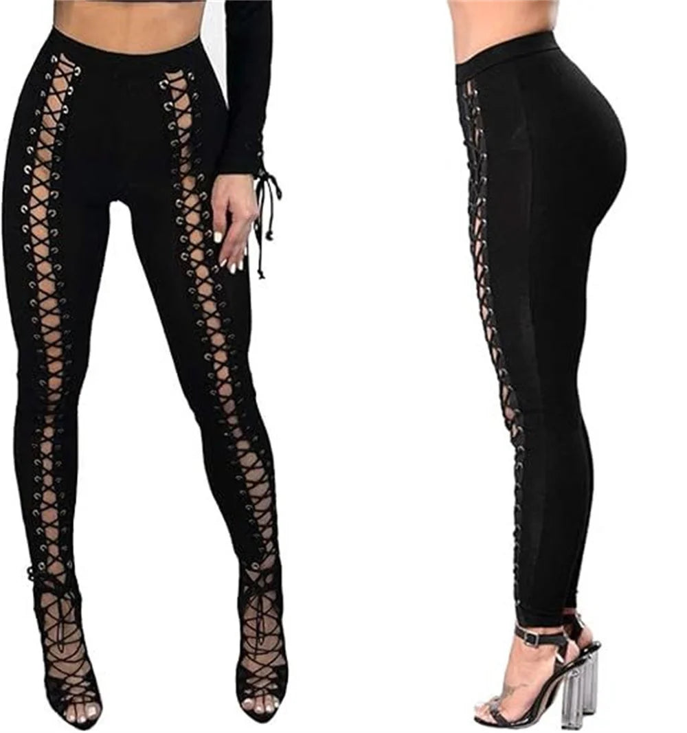 Women Lace Up Pants Chic Punk Skinny Legging Pants Slimming Trousers Gym Hole and Bandge