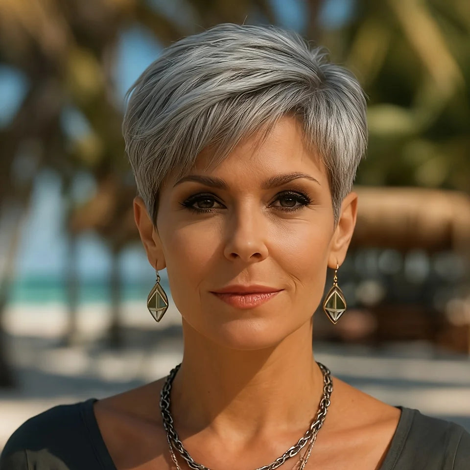 Short Gray Human Hair Wig for Women with Bangs Layered Pixie Cut Straight Hair with Machine Made Wig