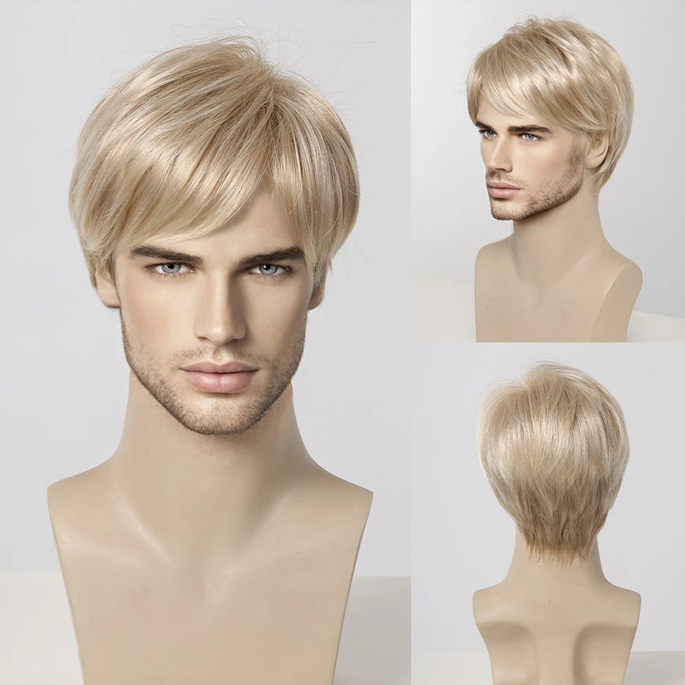 ALAN EATON Dark Brown Short Wig for Men Side Part Synthetic Layered Wigs with Bangs Natural Looking Synthetic Hair Full Wig
