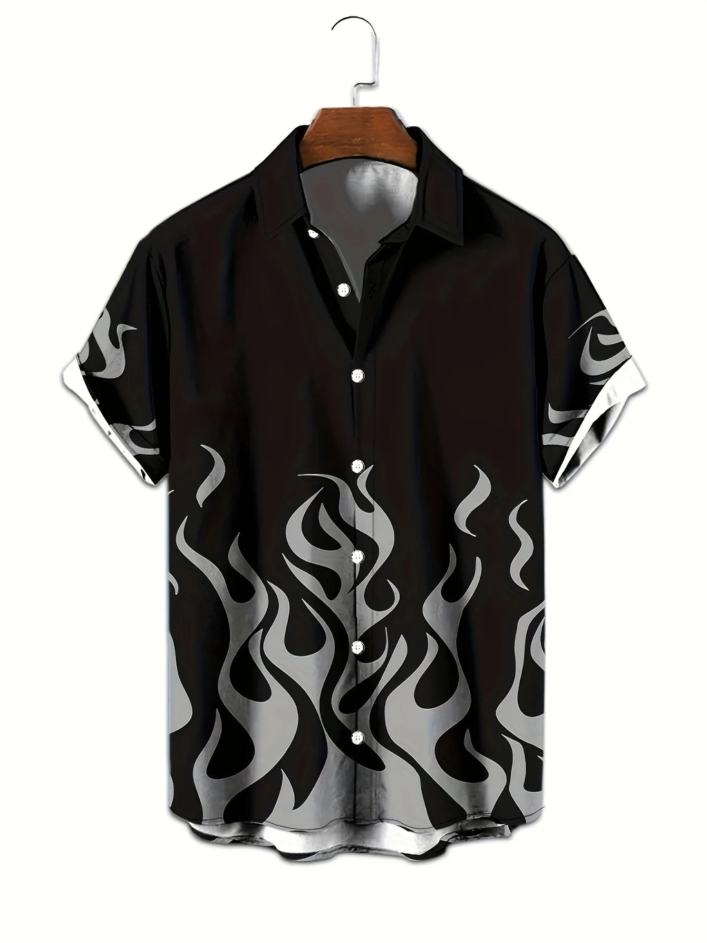 Flame Pattern Hawaiian Shirt Personality Hip Hop Gradient Fire Print Streetwear Skateboard Style Casual Lapel Short Sleeve Tops