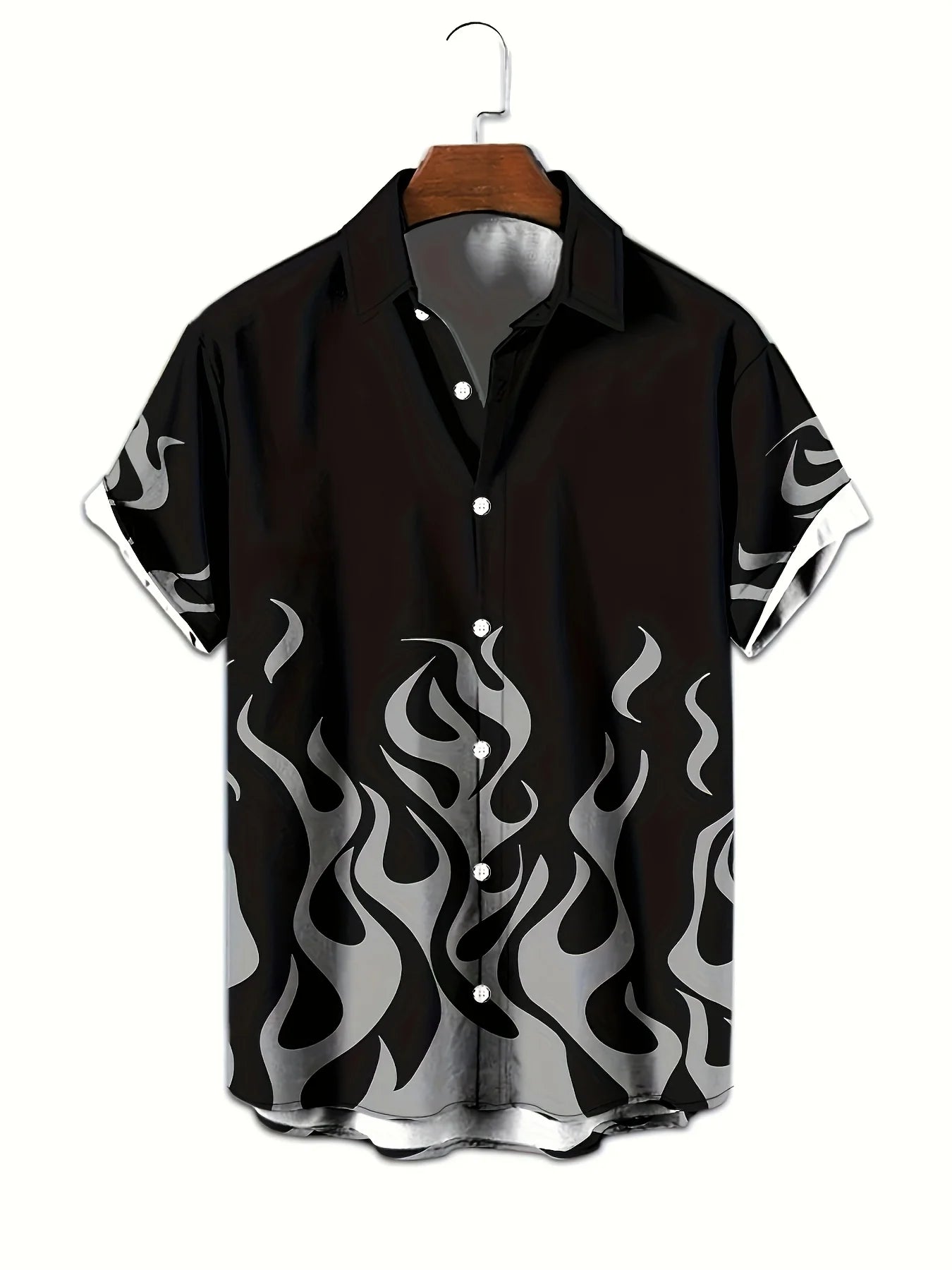 Flame Pattern Hawaiian Shirt Personality Hip Hop Gradient Fire Print Streetwear Skateboard Style Casual Lapel Short Sleeve Tops