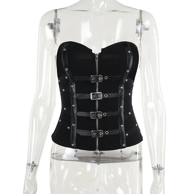 Goth Sexy Punk Leather Corset Crop Tops Camis Y2K Harajuku Aesthetic Black  Basic Tank Top Summer Women Grunge Emo Streetwear