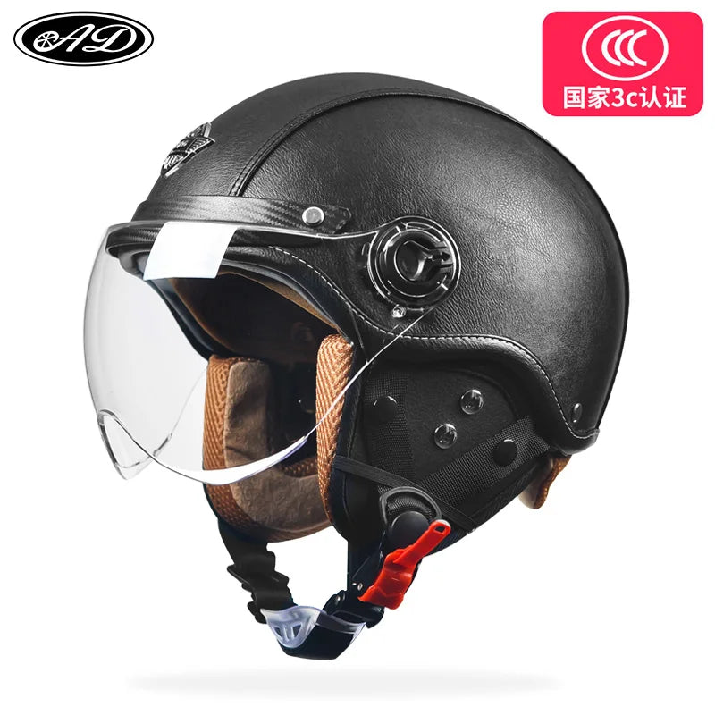 AD Retro Motorcycle Helmets with Harley Visor Leather Helmet for Man Electric Motorbike Vintage Protected Motor Safety Cap