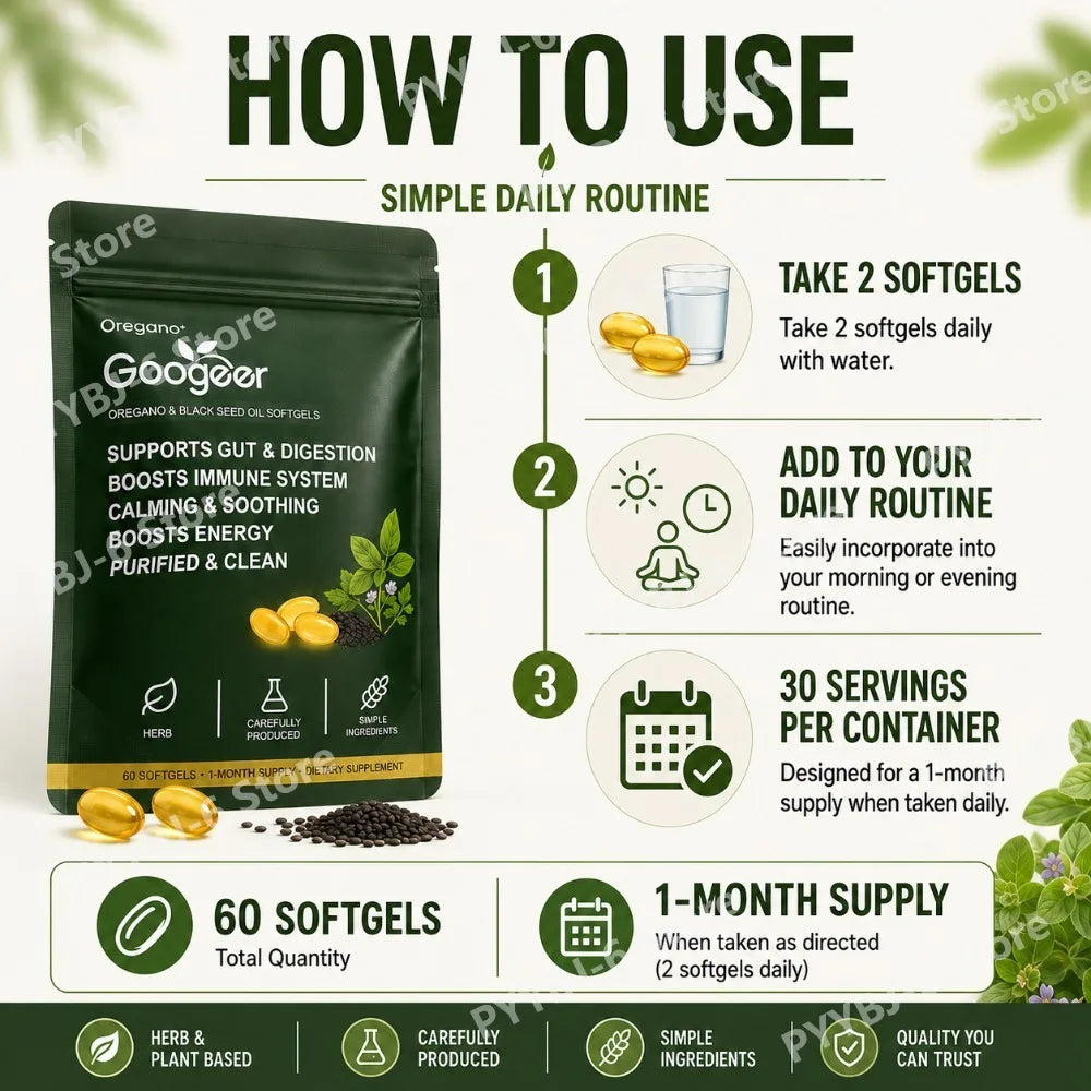 Oregano Black Seed Oil Softgels 60pcs Herbal Supplement for Gut Digestion Immune Energy Support Clean Wellness Formula