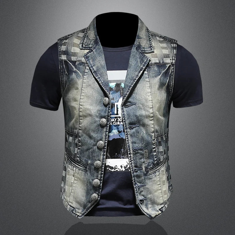 2024 Punk Embroidered Cowboy Waistcoat for Men Fashion Handsome Autumn New Personality Suit Collar Literary High Quality