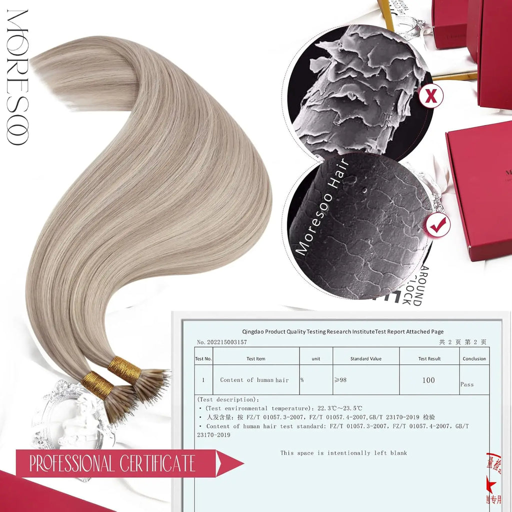 Moresoo Nano Hair Extensions Human Hair Extensions Brazilian Hair Natural Nano Ring Hair Extensions Human Hair Nano Tip 50G/50S