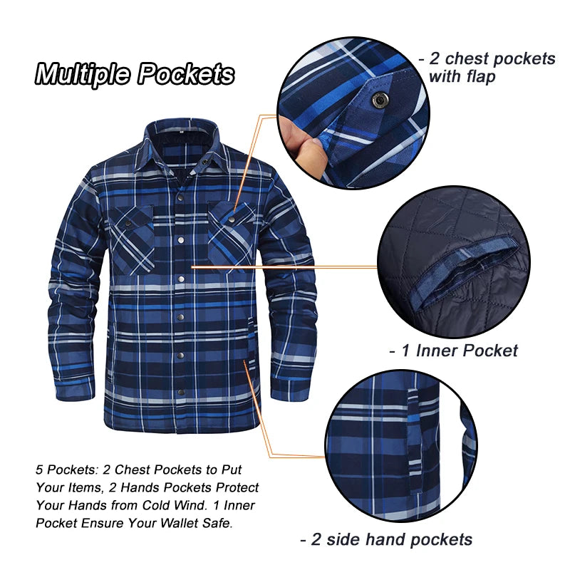 Winter Plaid Shirts For Mens Thick Green Checked Shirt Jacket Casual Long Sleeve Quilted Jackets Big And Tall EUR/US Size S-5XL