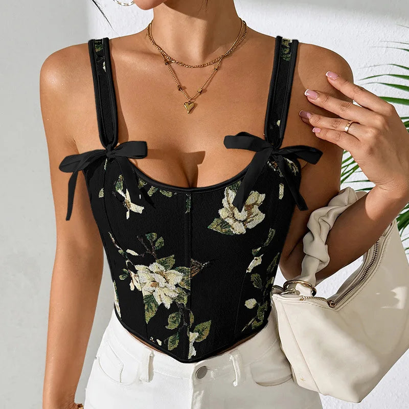 Sexy Strap Bra Tops French Style Floral Printing Retro Vest Style Double Strap Sling Chest Support Body Shapewear Vintage Corset