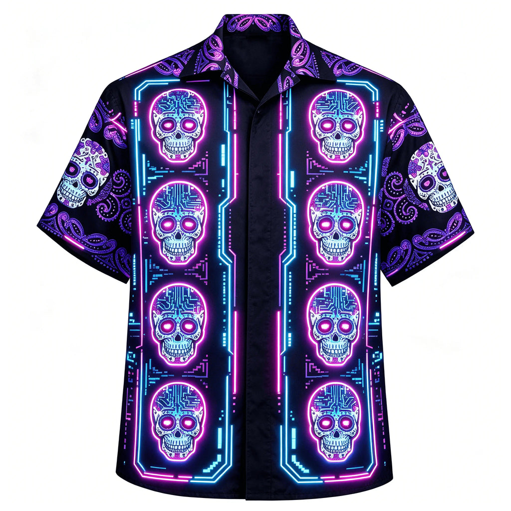 Men's Hawaiian Sugar Skull Shirt, Floral Hibiscus Print, Casual Summer Beach Button-Down