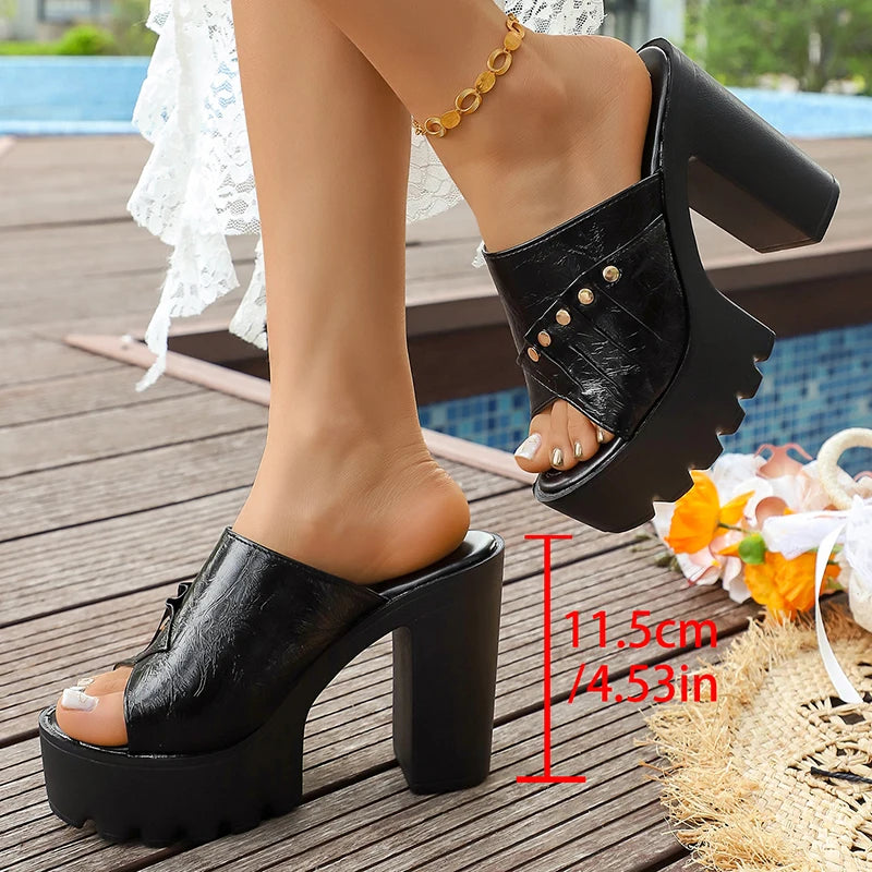 Punk Black Pu Leather High Heel Sandals Women Summer Peep Toe Chunky Platform Sandals Woman Plus Size 43 Thick Heels Party Shoes