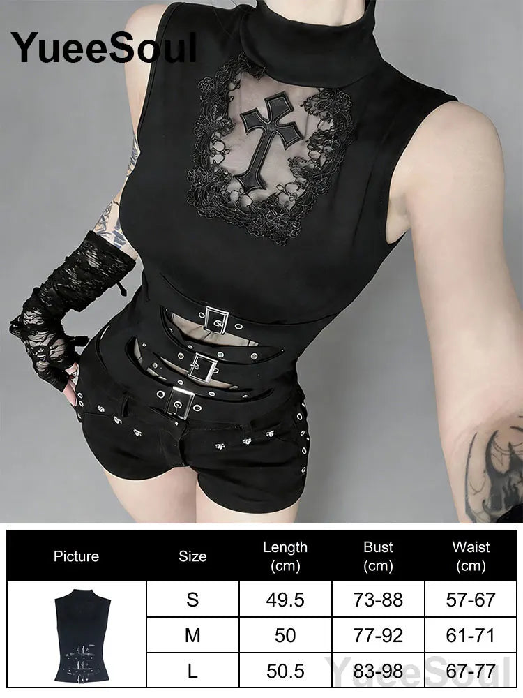 Gothic Crop Tops Black Lace Mesh Tanks Tops 2026 New Y2K Goth Punk Grunge Fairy Core Sexy Y2K Halloween 2000s Women Clothing