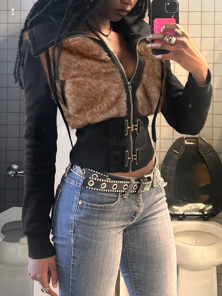 AltGoth Gothic Y2k Warm Jacket Women Vintage Streetwear Harajuku Grunge Emo Alternative Fur Patchwork Long Sleeve Coats Female
