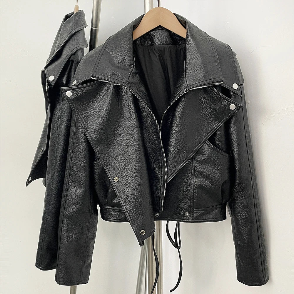 OFTBUY PU Biker Coat Women's Leather Jacket Faux Leather Cropped Moto Jacket Asymmetric Woman Clothing Vintage Punk Outerwear