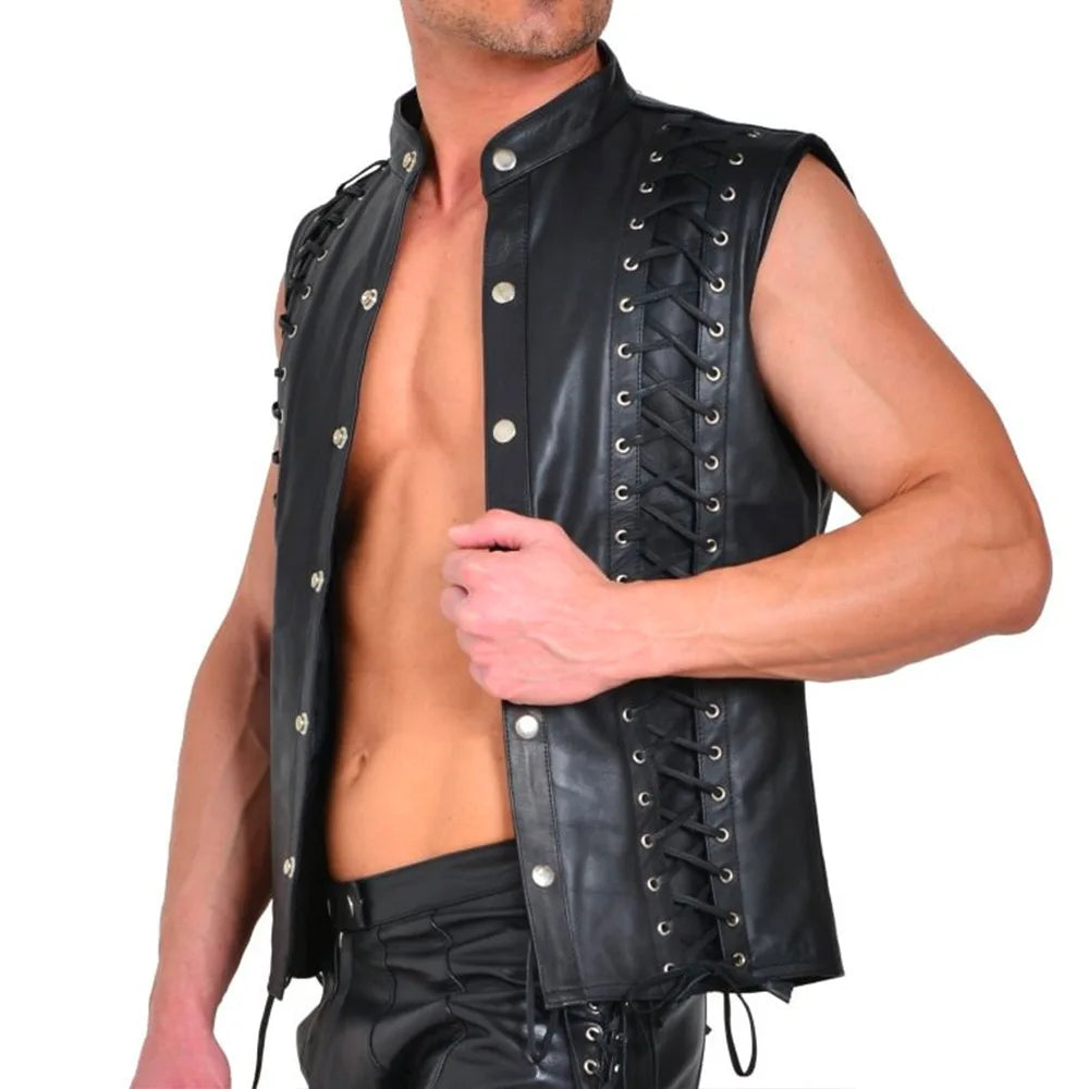 Men's Punk Style Leather Vests With Bandage Fashion Club Stage Wear Waistcoat Skinny PU Sleeveless Jacket For Male Size M-4XL