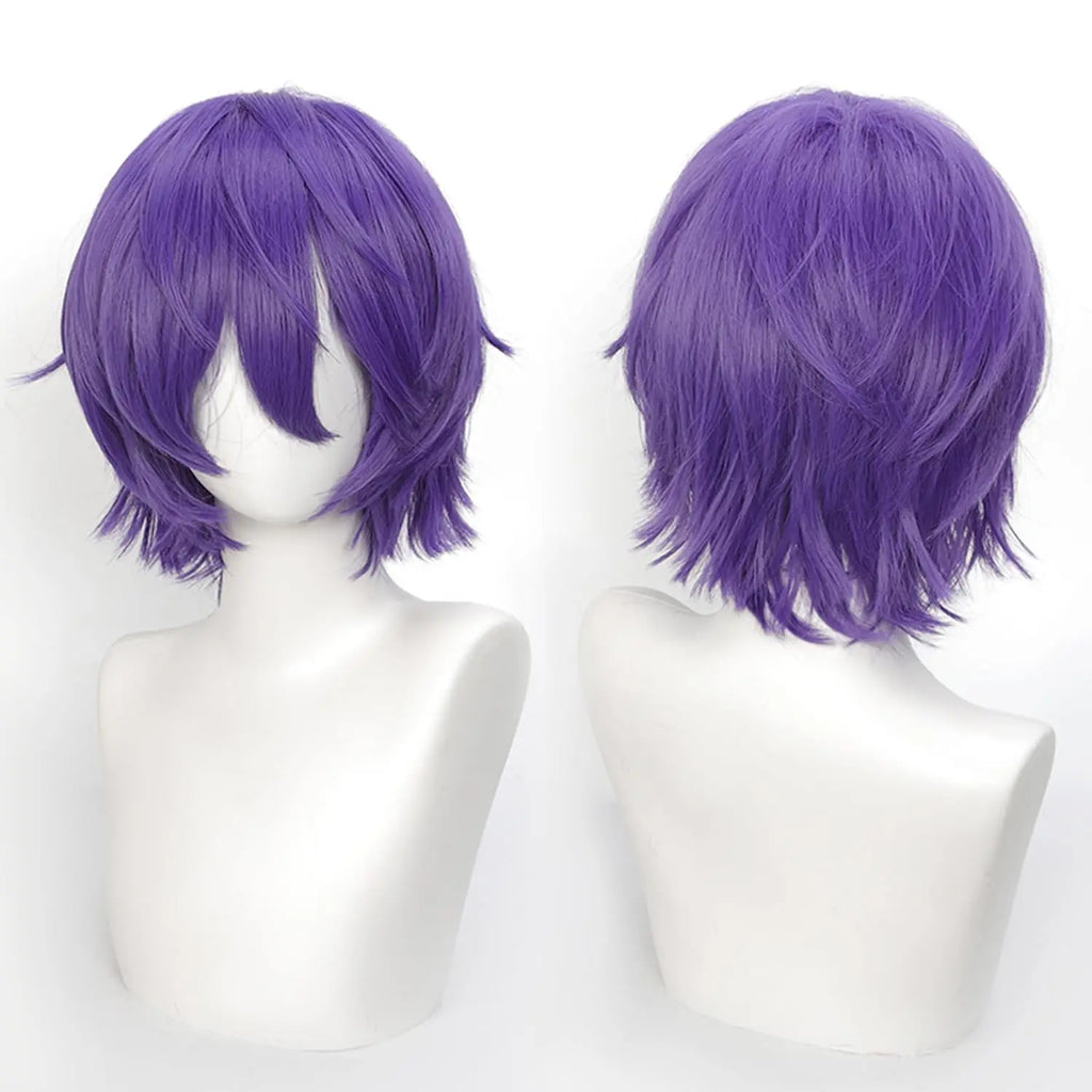 Short Cosplay Wigs 12 Inch Blue purple Short Wavy Bob Hair with Bang Spiky Anime Hair Cosplay Heat resistant Synthetic Fiber Wig