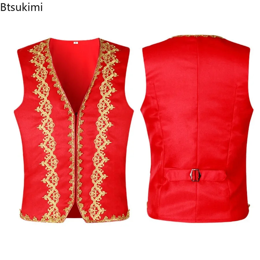 Medieval Men's Gothic Jackets Vintage Jacquard Waistcoats Steampunk Cosplay Costumes Double Breasted Slim Tuxedo Vests Tops Male