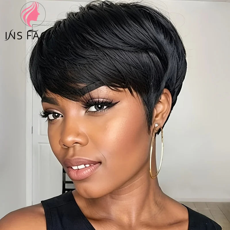 INS FACIN Short Bob Wigs None Lace Front Brazilian Remy Human Hair Wigs with Bangs Kinky Curly Wigs for Women 180% Density