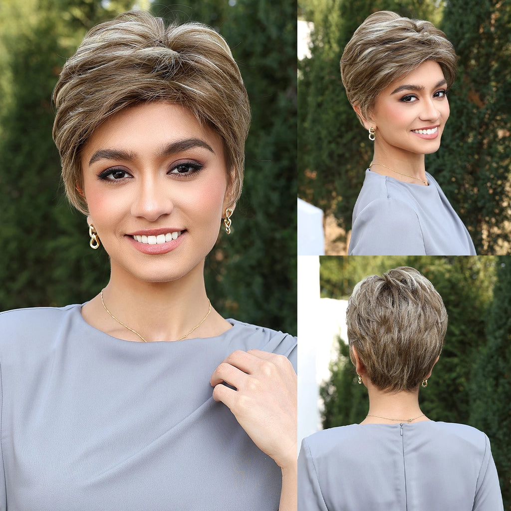 MONO Lace Frontal Synthetic Wigs Short Straight Bob Wig Highlight Gray Brown Blonde Mixed Wig for Women Daily wig Hear Resistant