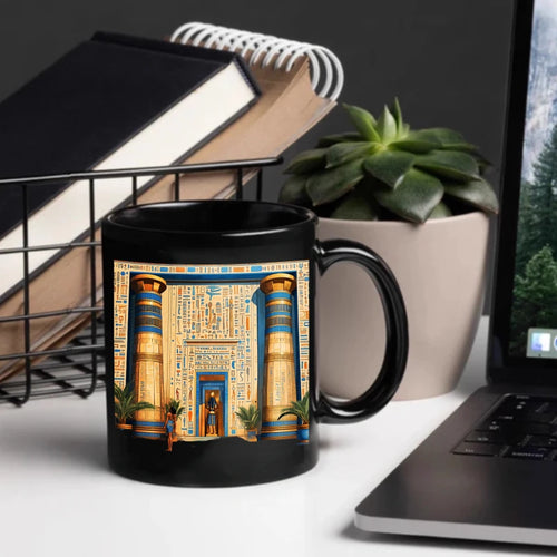 A black Egyptian temple designed ceramic cup with hieroglyphics and columns is suitable for drinking coffee, tea, or water at ho