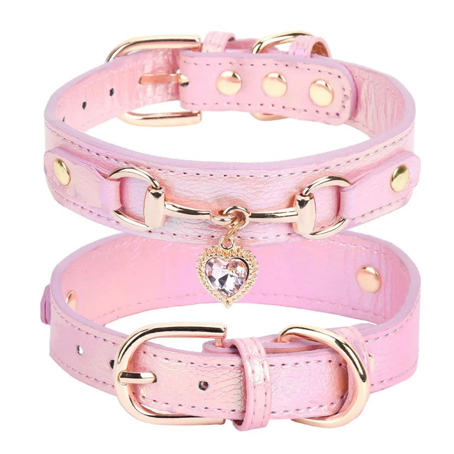 New Dog Collar Love Water Diamond PU Collar Metal Accessories Cat Neck Ring Fashion Design Cat Necklace