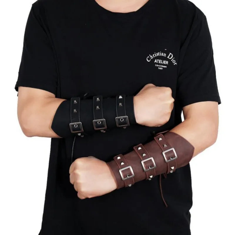 Punk Hip Hop 1Pc Cosplay Leather Armor Arm Viking Bangles Pirate Knight Gauntlet Wristband Bracer Accessories New Men's Bracelet