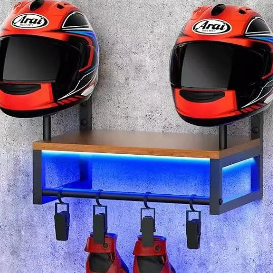 Motorcycle Helmet Wall Mount Wooden Shelf With Adjustable Hooks Sturdy Durable Storage For Motocross Bicycle Accessories