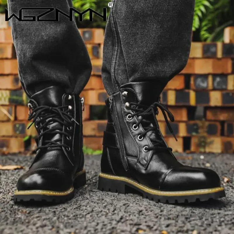 Men Motorcycle Leather Boots Double Zipper Square Heel Males Shoes Fashion Leisure Design Men Cycling Boot 2025 Autumn Winter