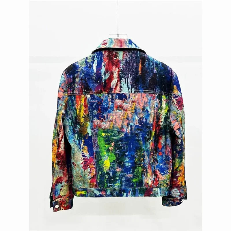 Urban Graffiti Oil Painting Denim Jacket Men's Loose Casual Fashionable Versatile Short Sleeve Flip Collar Coat by BuPaiDui