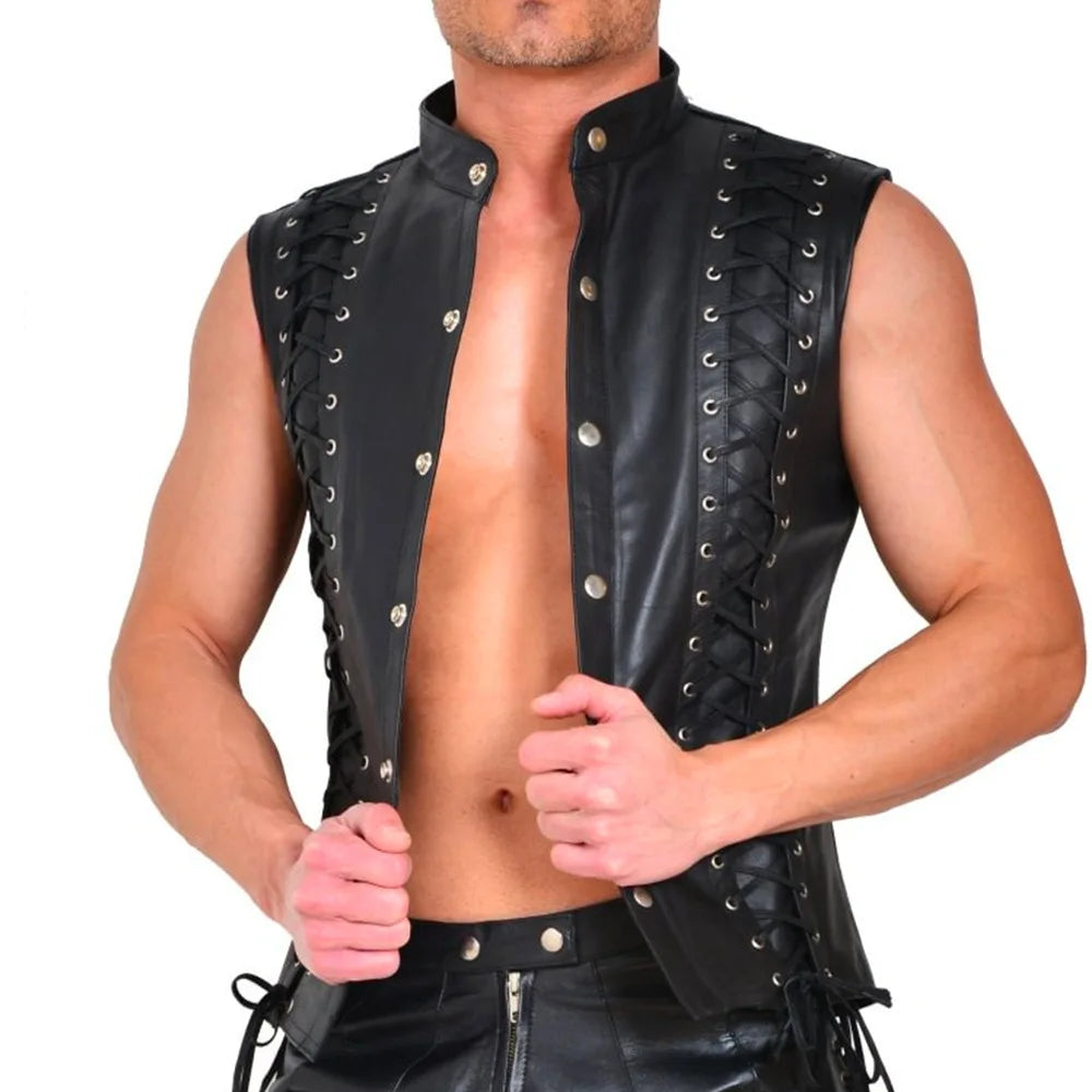 Men's Punk Style Leather Vests With Bandage Fashion Club Stage Wear Waistcoat Skinny PU Sleeveless Jacket For Male Size M-4XL