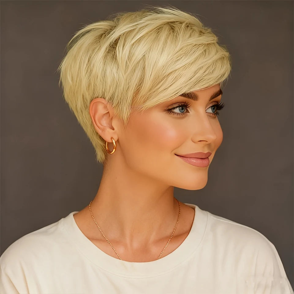Women'S Short 613 Blonde Straight Bob Pixie Cut Human Hair Layered Wig With Bangs Full Machine Made Universal Wig For Daily Wear