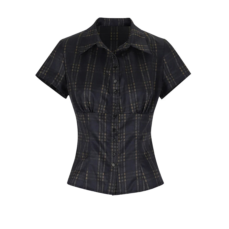 New Women's This Classic Plaid Pleated Button-Down Short-Sleeved Shirt is a Retro-Style Casual Slim Fit Suitable For Everyday