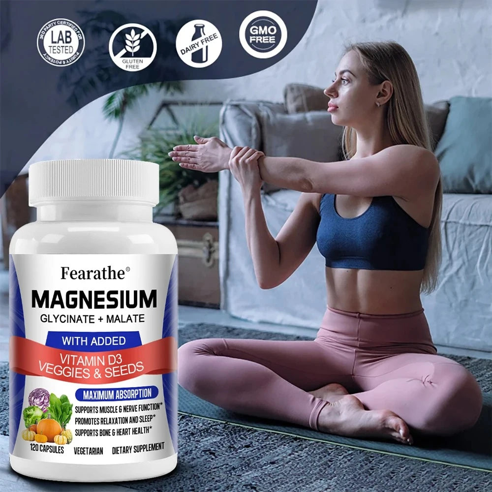 Magnesium Capsules - Magnesium Malate + Glycinate Supplement, Helps Boost Immunity, Promote Heart Health and Strong Bones