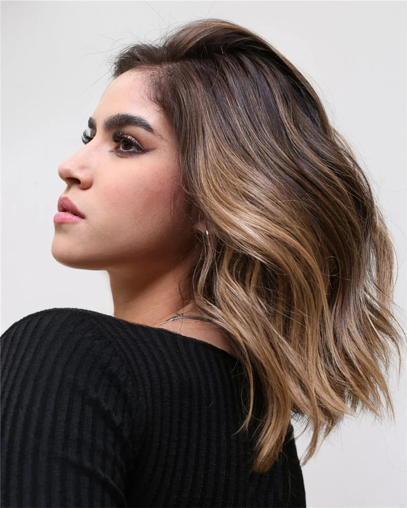 Synthetic Short wigs for women natural Look Balayage Brown Honey Blonde Highlights Bob Lace Front Wig Layered Cut Glueless wig
