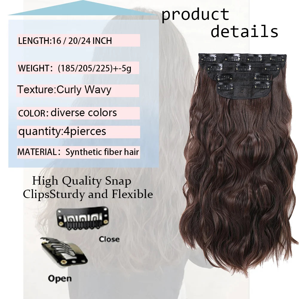 4Pcs/Set 16/20/24 Inch Synthetic Hair Clip In Long Wavy Thick Double Weft  Hair Extensions Hairpieces For Women