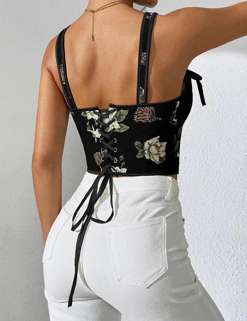 Sexy Strap Bra Tops French Style Floral Printing Retro Vest Style Double Strap Sling Chest Support Body Shapewear Vintage Corset