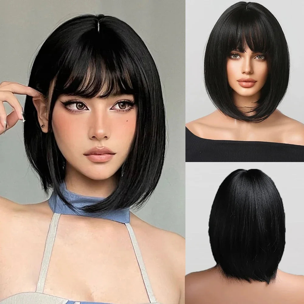 Short Straight Bob Wigs for Women Black Brown Synthetic Natural Hair Wig with Bangs Heat Resistant Cosplay Daily Use Hair