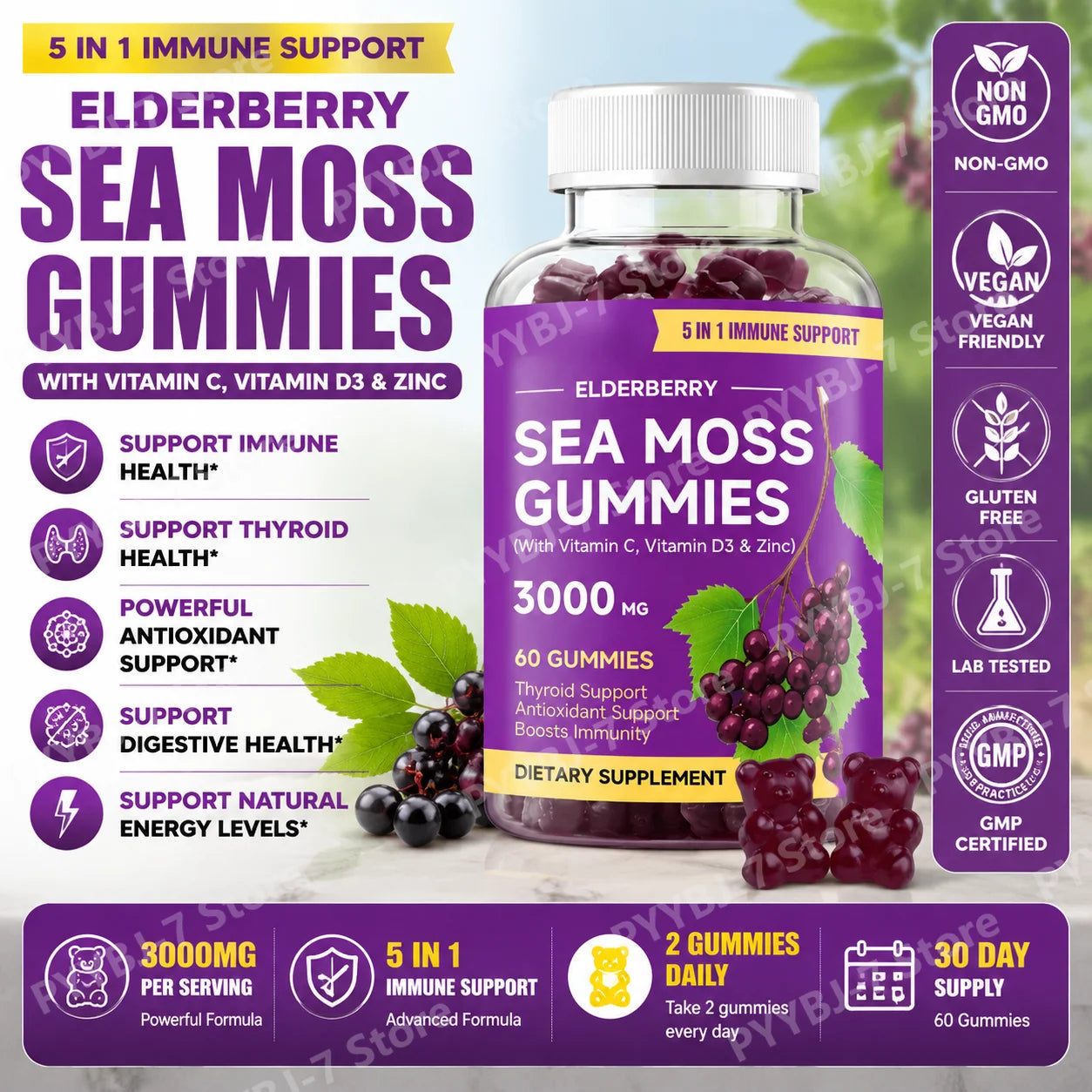 Elderberry Sea Moss Gummies with Vitamin C & D3 Zinc 60 Vegan Gummies Daily Wellness Supplement for Adults Hair Skin Nails Care