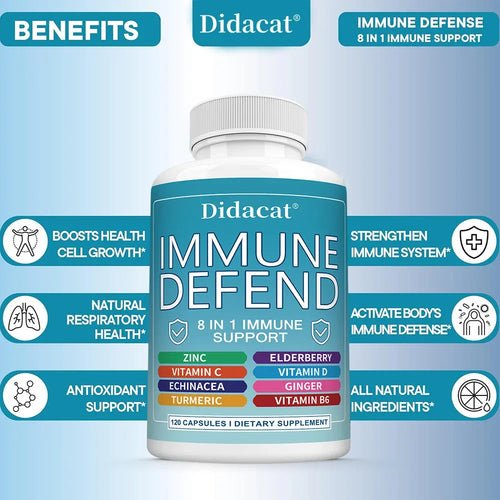 Advanced Immune Support, 8-in-1 Supplement, with Vitamin C, D, B6, Zinc, Elderberry, Turmeric, Ginger & Echinacea, Antioxidants
