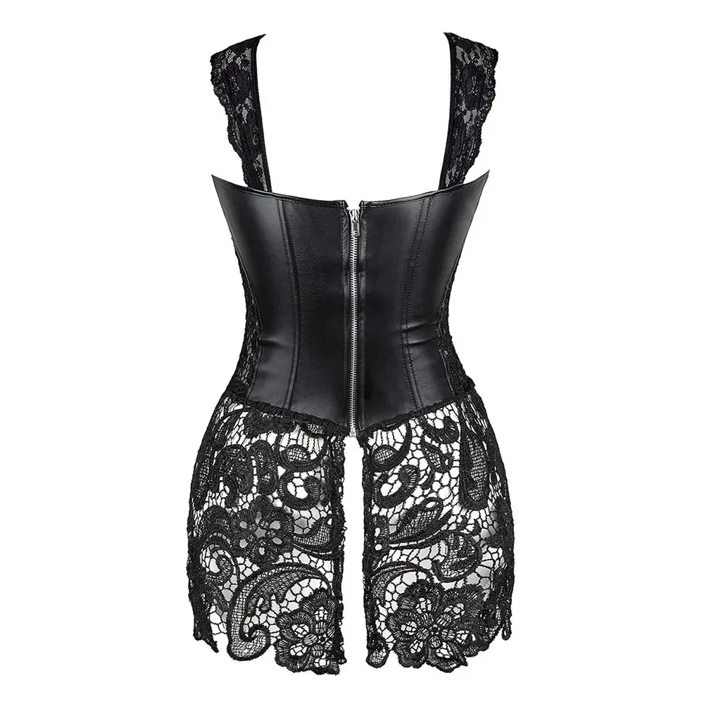 Women Steampunk Corset Dress Gothic Sexy Faux Leather Zipper Bustier Lace Skirt  Korsett Corsets Top