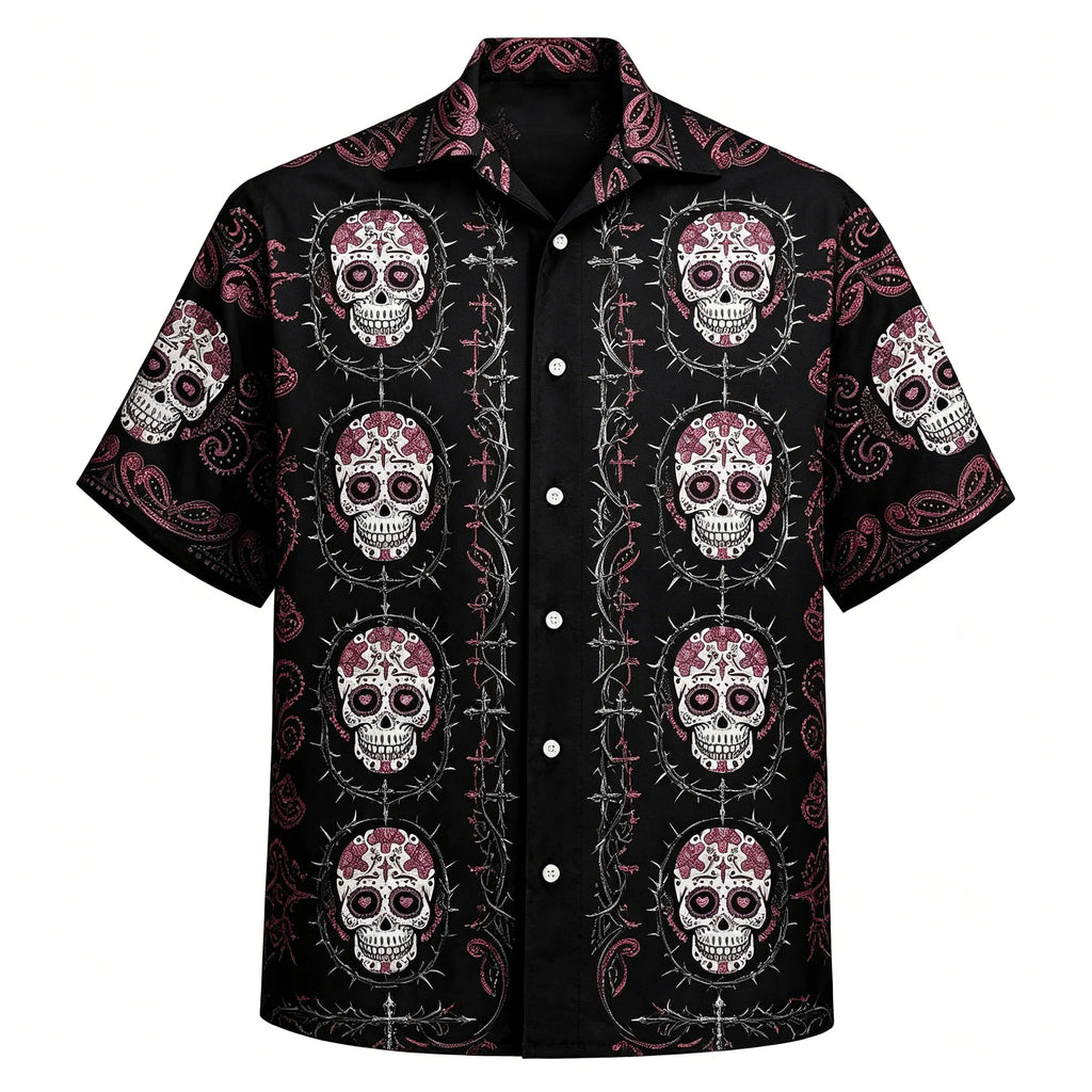 Men's Hawaiian Sugar Skull Shirt, Floral Hibiscus Print, Casual Summer Beach Button-Down