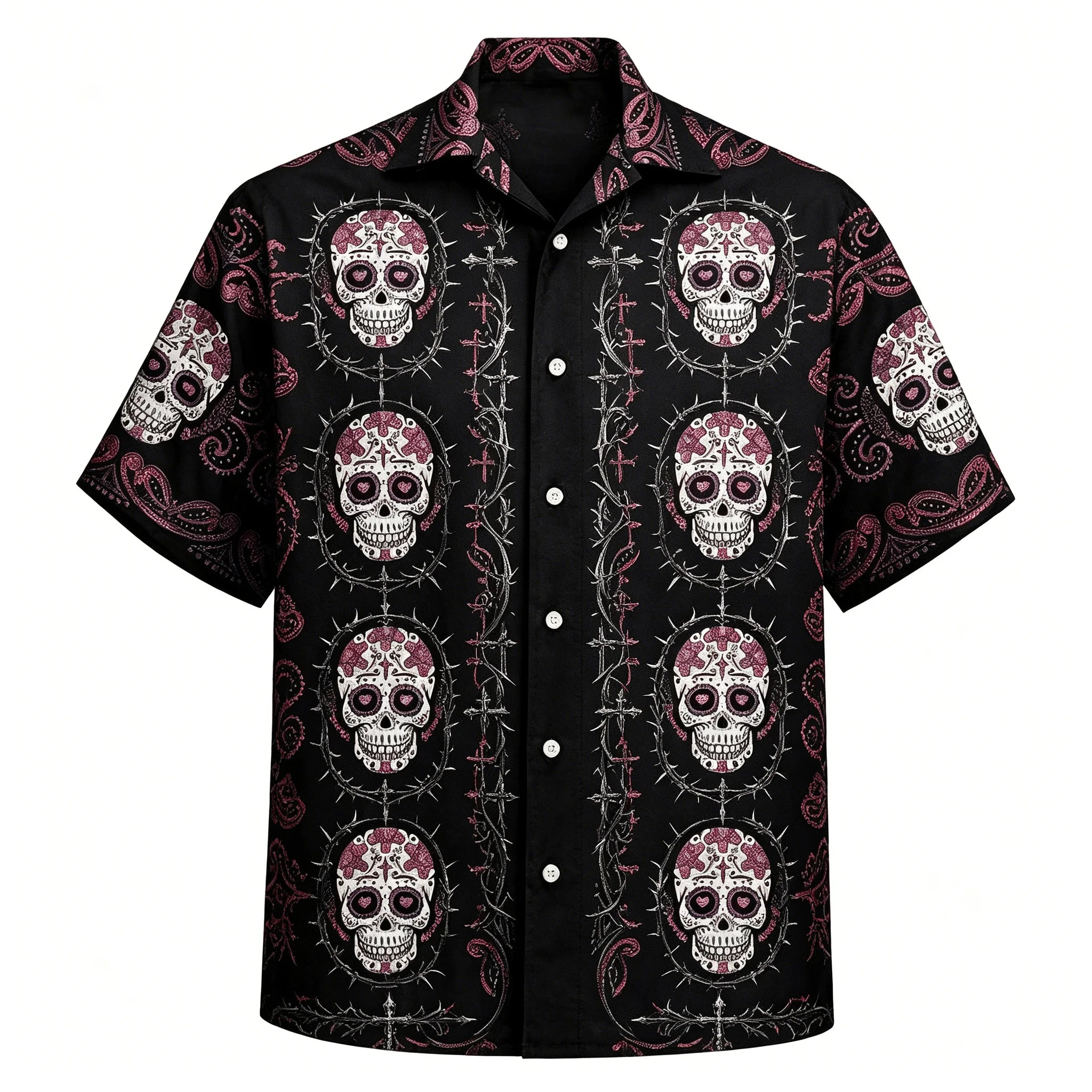 Men's Hawaiian Sugar Skull Shirt, Floral Hibiscus Print, Casual Summer Beach Button-Down