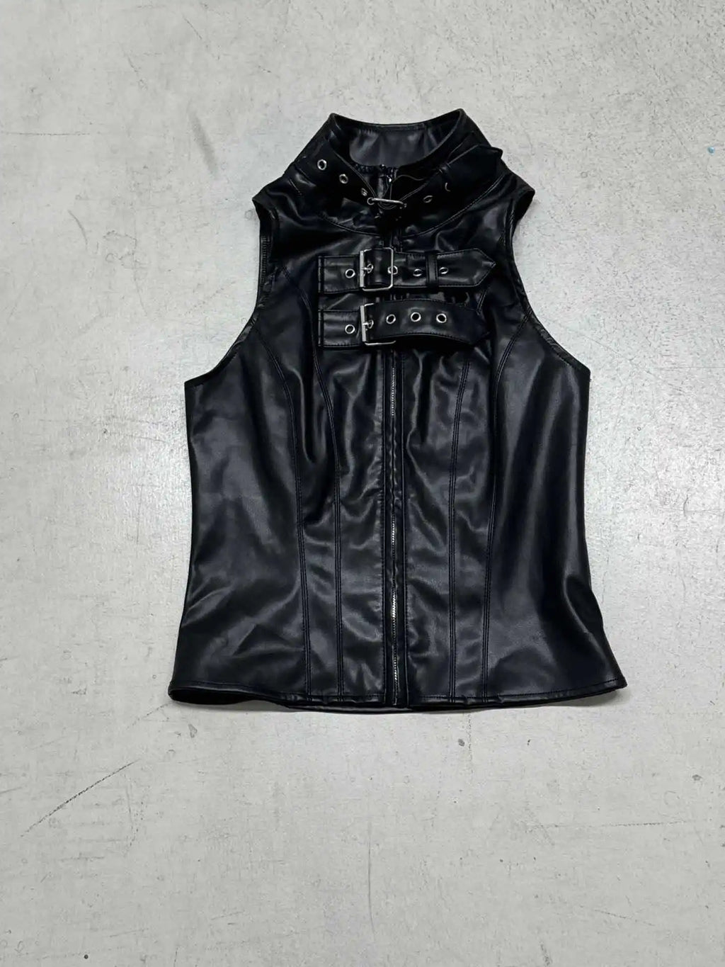 Punk style metal decoration pu leather spicy girl personality sleeveless top