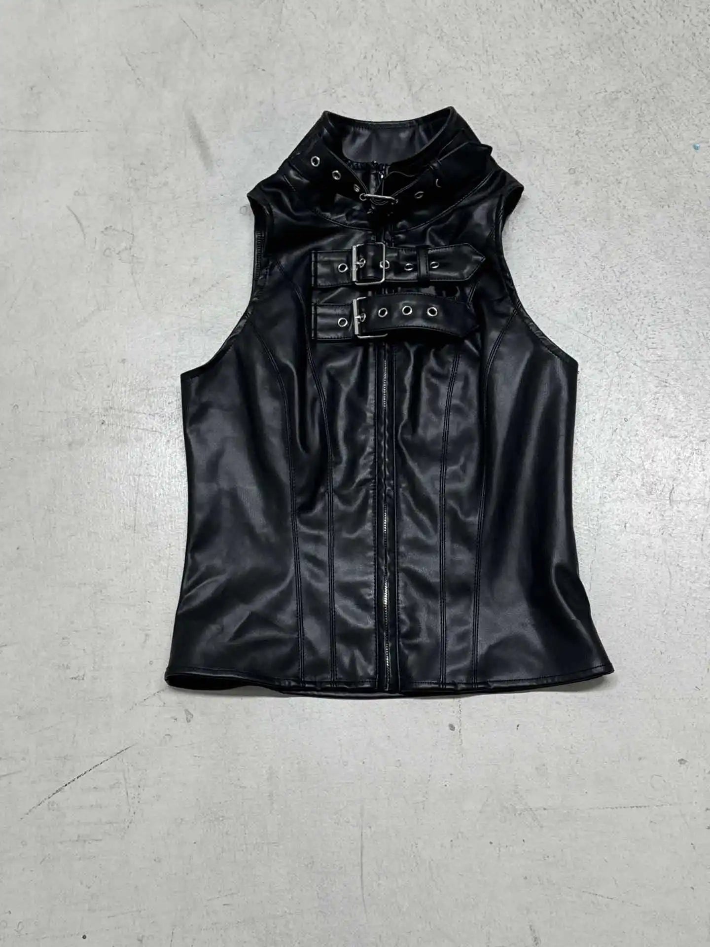 Punk style metal decoration pu leather spicy girl personality sleeveless top