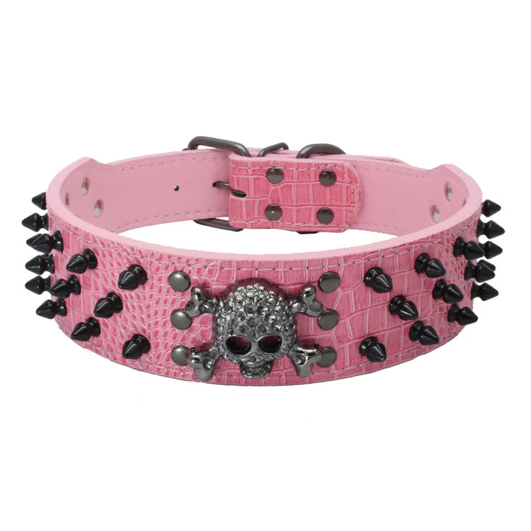 Halloween Gothic Black Skull Studded Dog Collar & PU Leash Set – Anti-Chew for Medium Large Breeds, French Bulldog