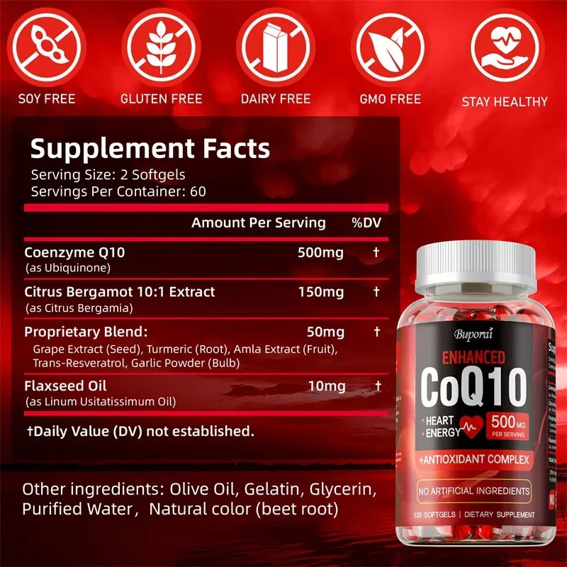 CoQ10 Supplement - Promotes Cardiovascular and Heart Health, Antioxidant, Provides Energy for Overall Health